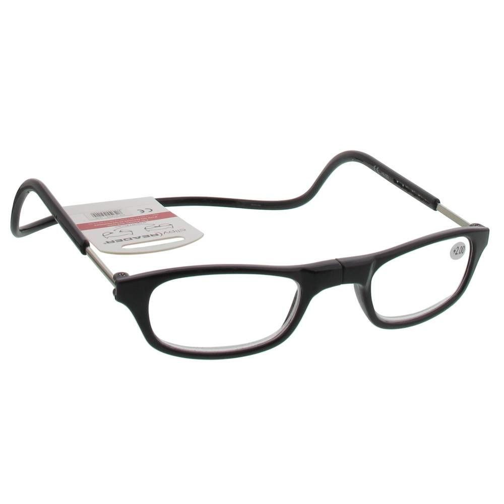Lunettes noires avec verres transparents. +2.00 est visible sur le verre droit. Une étiquette est attachée à la branche.
