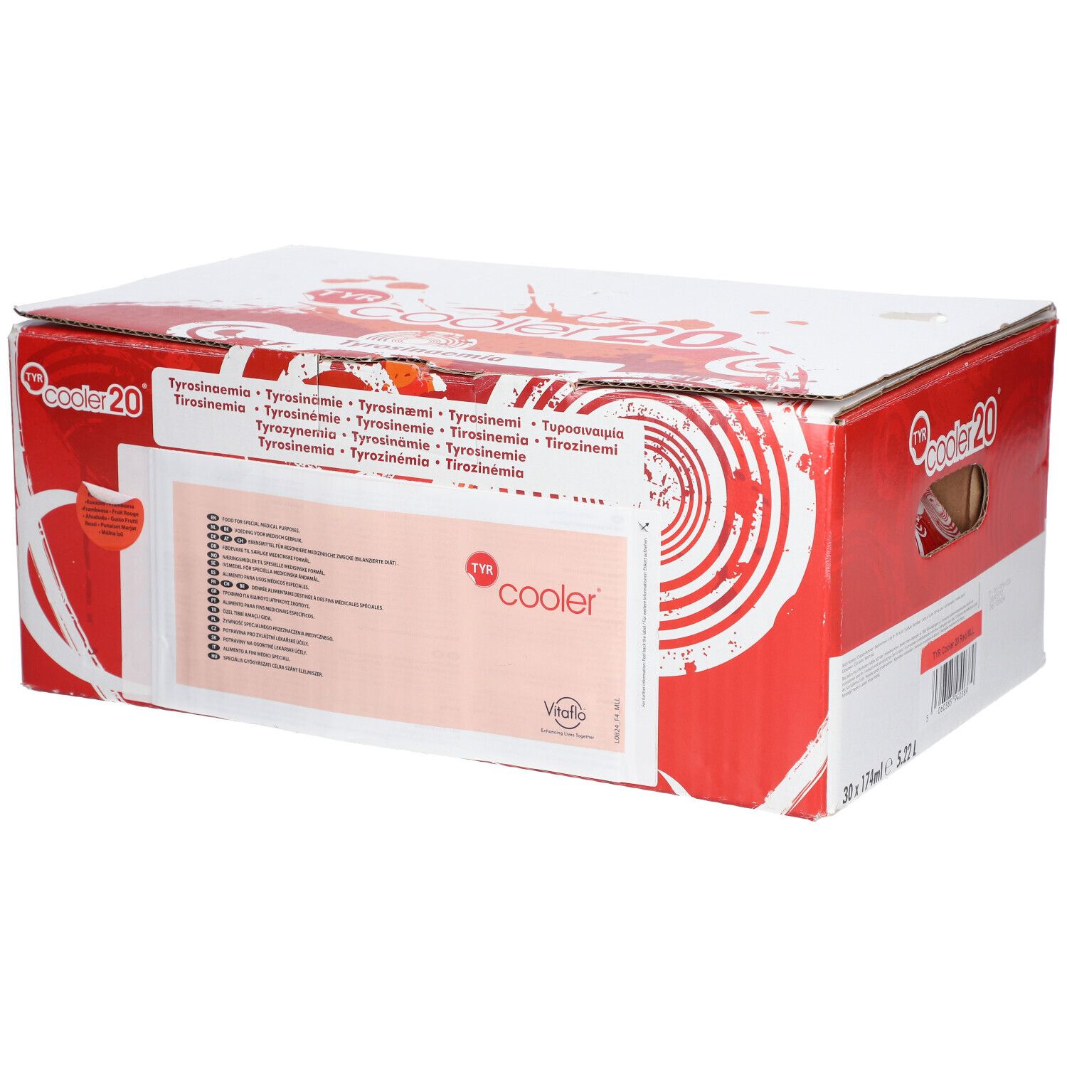 Boîte en carton 'cooler 20'. Graphiques rouges et blancs. Texte multilingue. Logo Vitaflo.