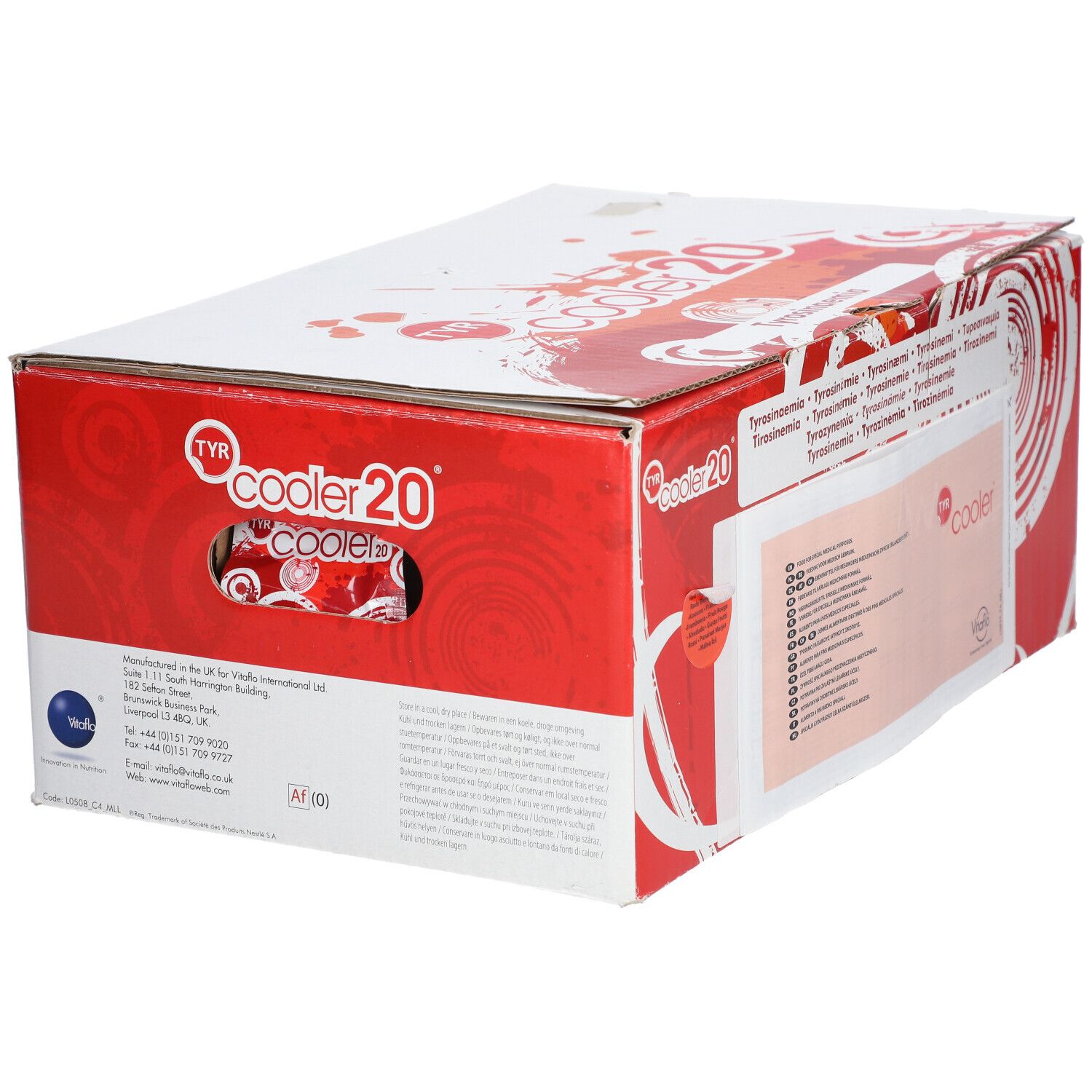 Boîte 'cooler 20' avec graphiques rouges et blancs. Texte multilingue. Ouverture de la poignée. Logo Vitaflo.