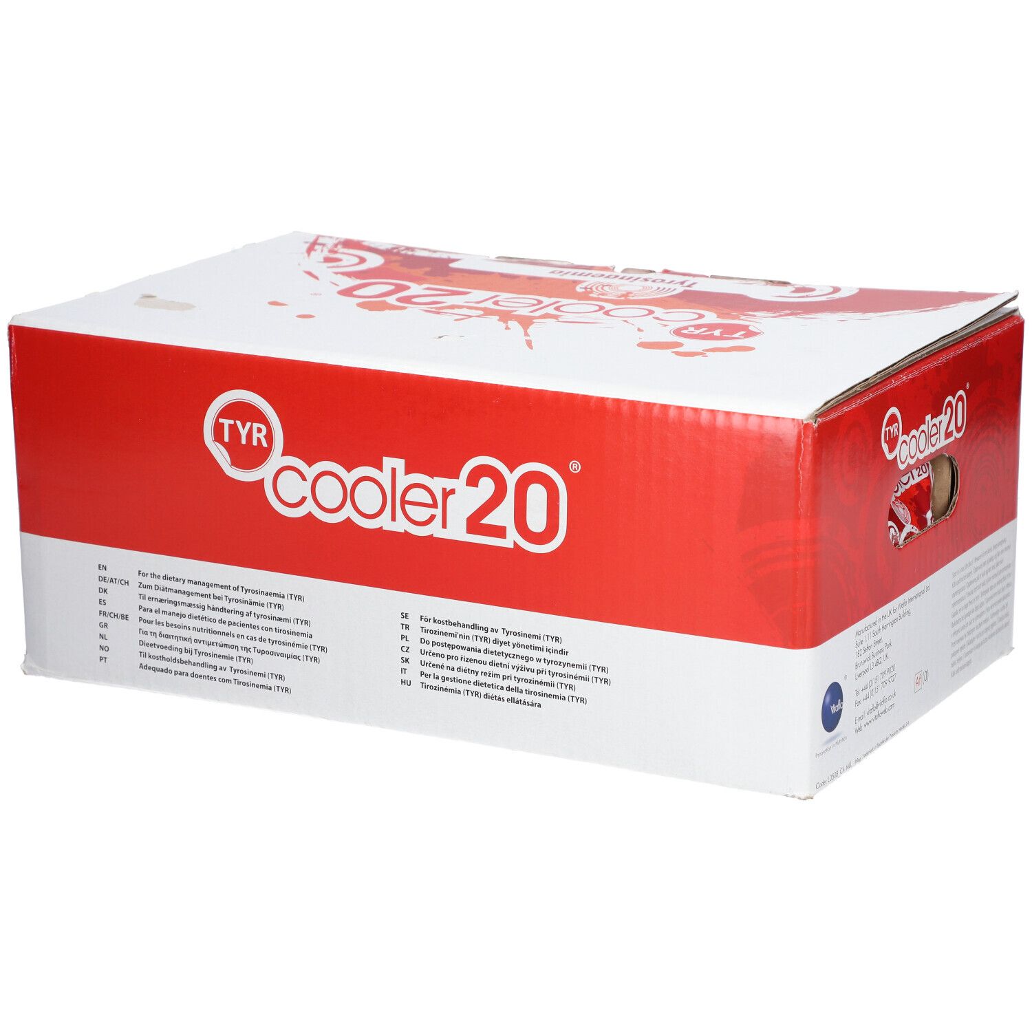 Boîte 'cooler 20' avec graphiques rouges et blancs. Texte multilingue. Ouverture de la poignée. Logo Vitaflo.