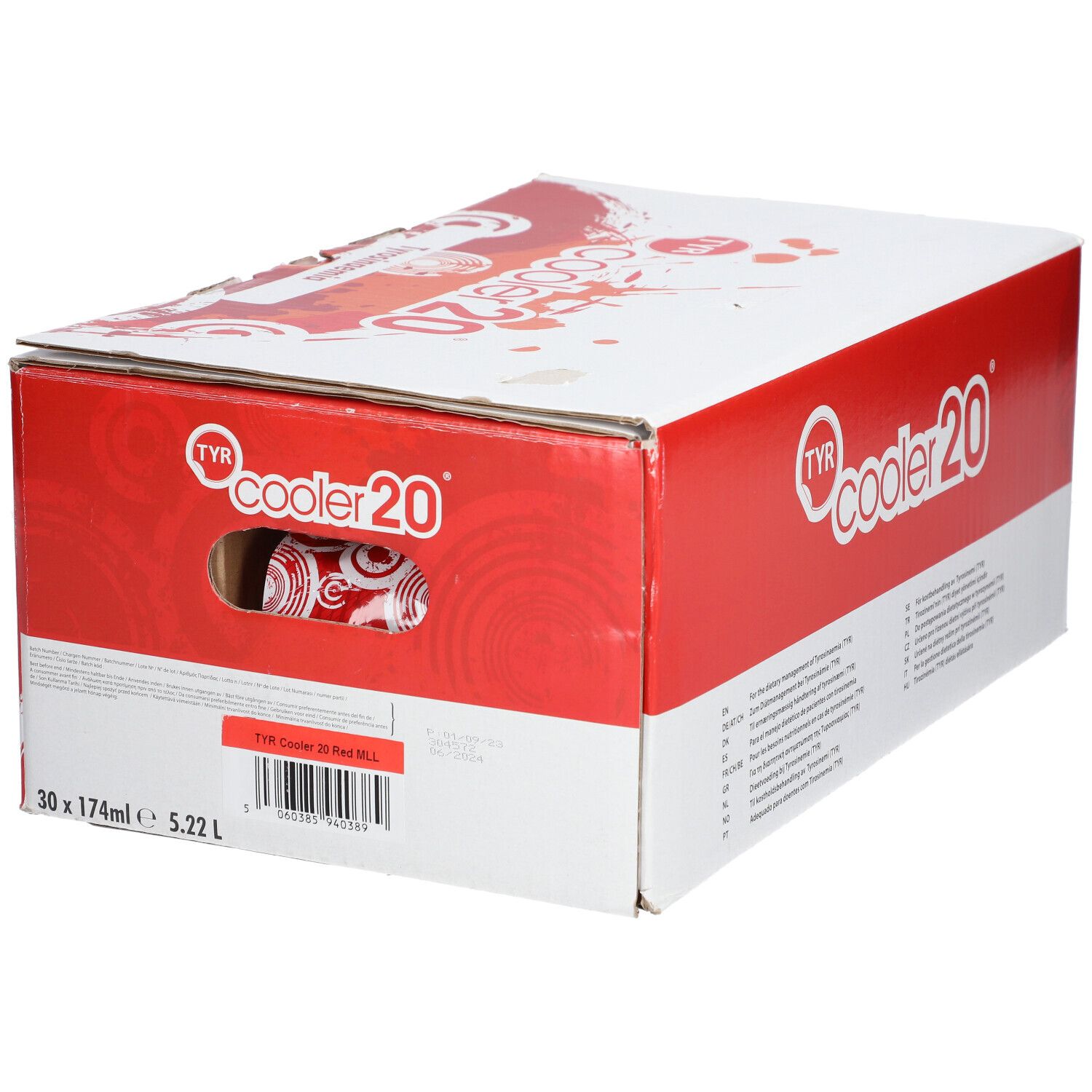 Boîte 'cooler 20' avec graphiques rouges et blancs. Texte multilingue. Ouverture de la poignée. Logo Vitaflo.