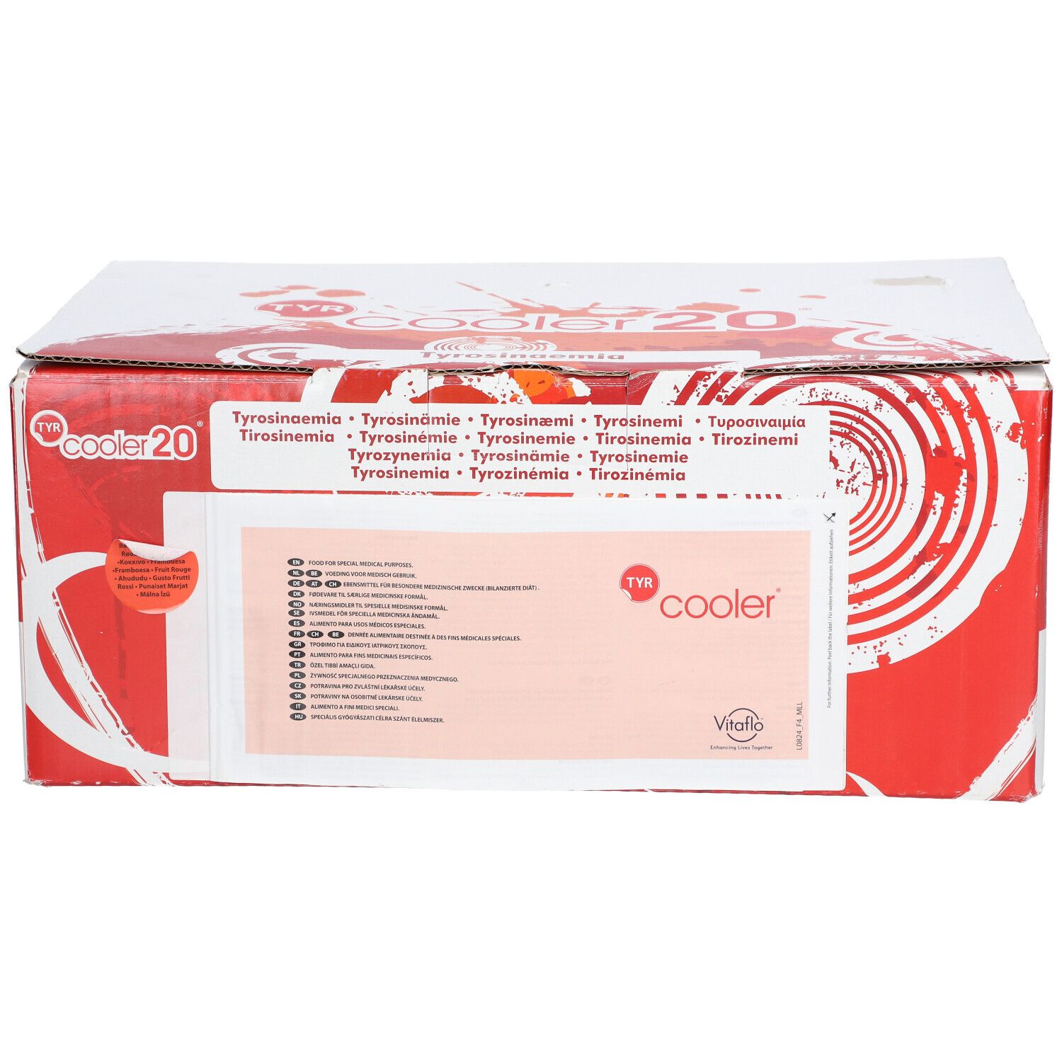 Boîte 'cooler 20' avec graphiques rouges et blancs. Texte multilingue. Logo Vitaflo.