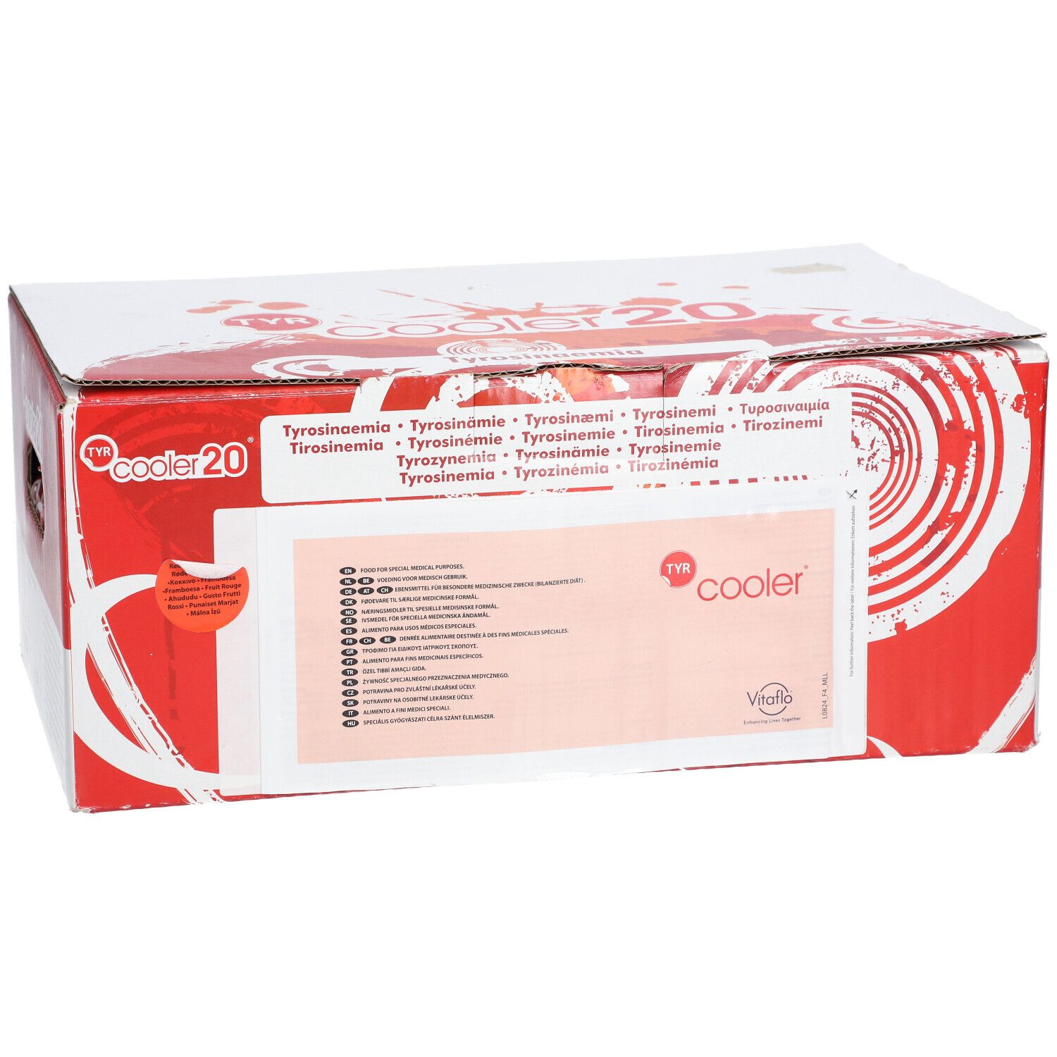 Boîte 'cooler 20' avec graphiques rouges et blancs. Texte multilingue. Logo Vitaflo.