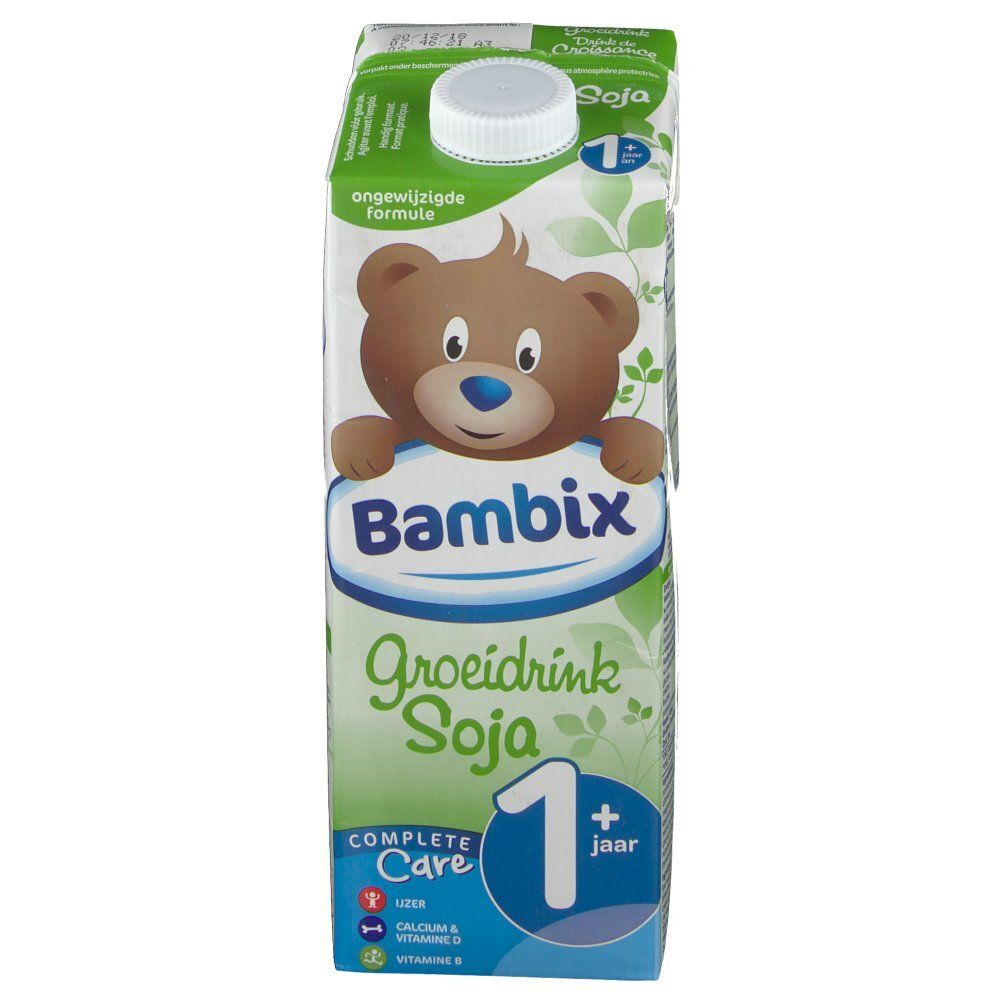 Brique Bambix Groeidrink Soja. Illustration d'ours, texte Bambix, Groeidrink Soja, 1+ an, Complete Care. Bouchon blanc.