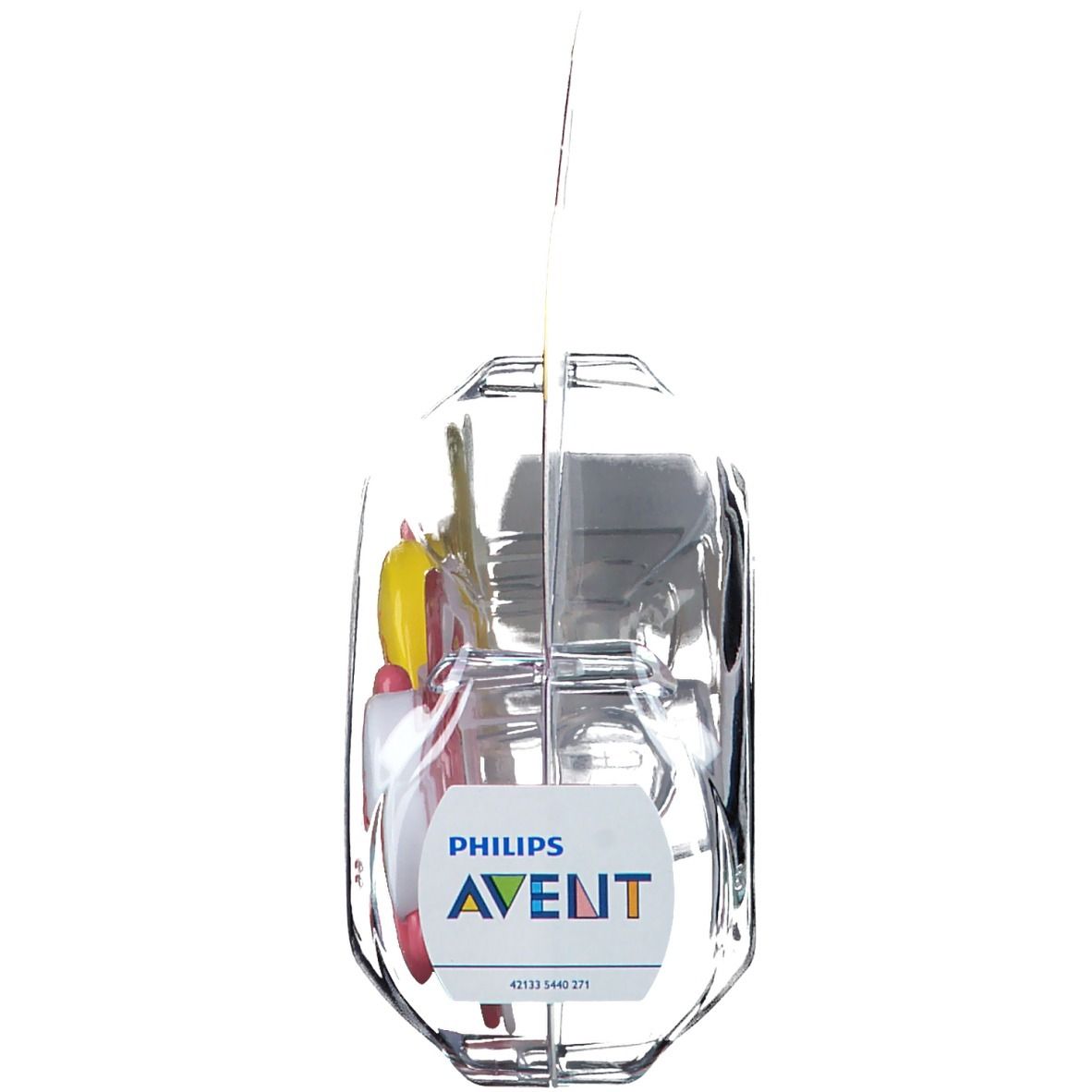 Emballage de deux sucettes. Logo Philips AVENT. Emballage plastique transparent avec crochet.