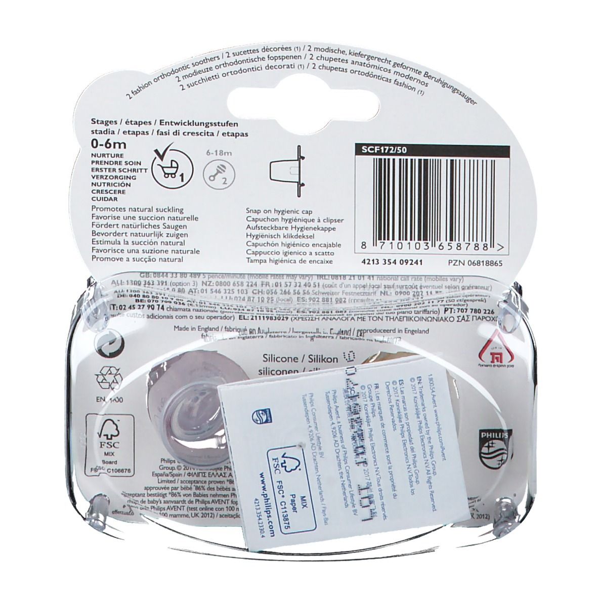 Dos de l'emballage avec informations produit. Logo Philips AVENT. Texte multilingue. Certification FSC.