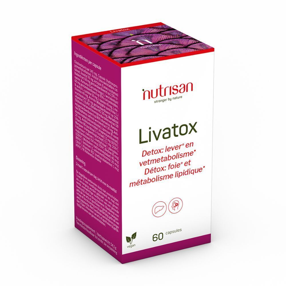Boîte blanche Nutrisan Livatox. 60 gélules. Texte: Détox, foie, métabolisme lipidique. Logo et nom du produit.