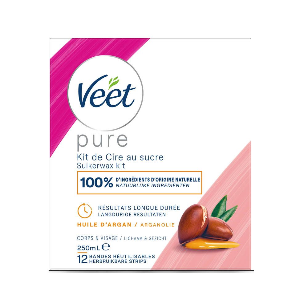 Cire chaude Veet Minima™ au sucre et à l'huile d'argan. Emballage rose et blanc. Image et texte du produit.