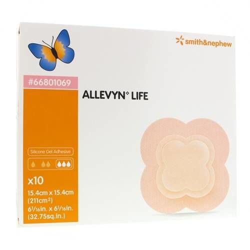 Boîte de pansements ALLEVYN LIFE, 15,4 x 15,4 cm, x10. Adhésif silicone. Marque Smith & Nephew.