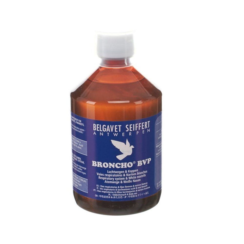 Broncho BVP Tonic de Belgavet en flacon brun de 500ml avec étiquette bleue.
