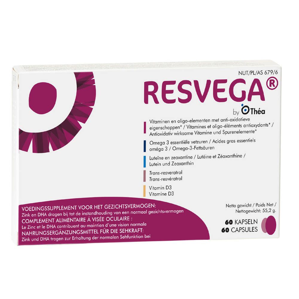 Boîte de RESVEGA® avec 60 gélules. Ingrédients : vitamines, oméga 3, lutéine, zinc, vitamine D3. Marque : Thea.
