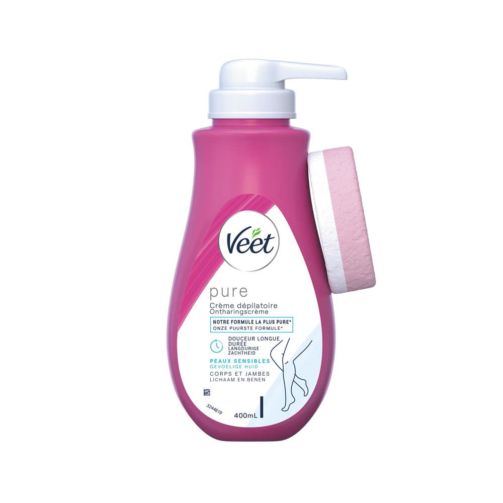 Flacon rose avec pompe blanche et spatule. Inscription Veet Pure. Contient 400ml.