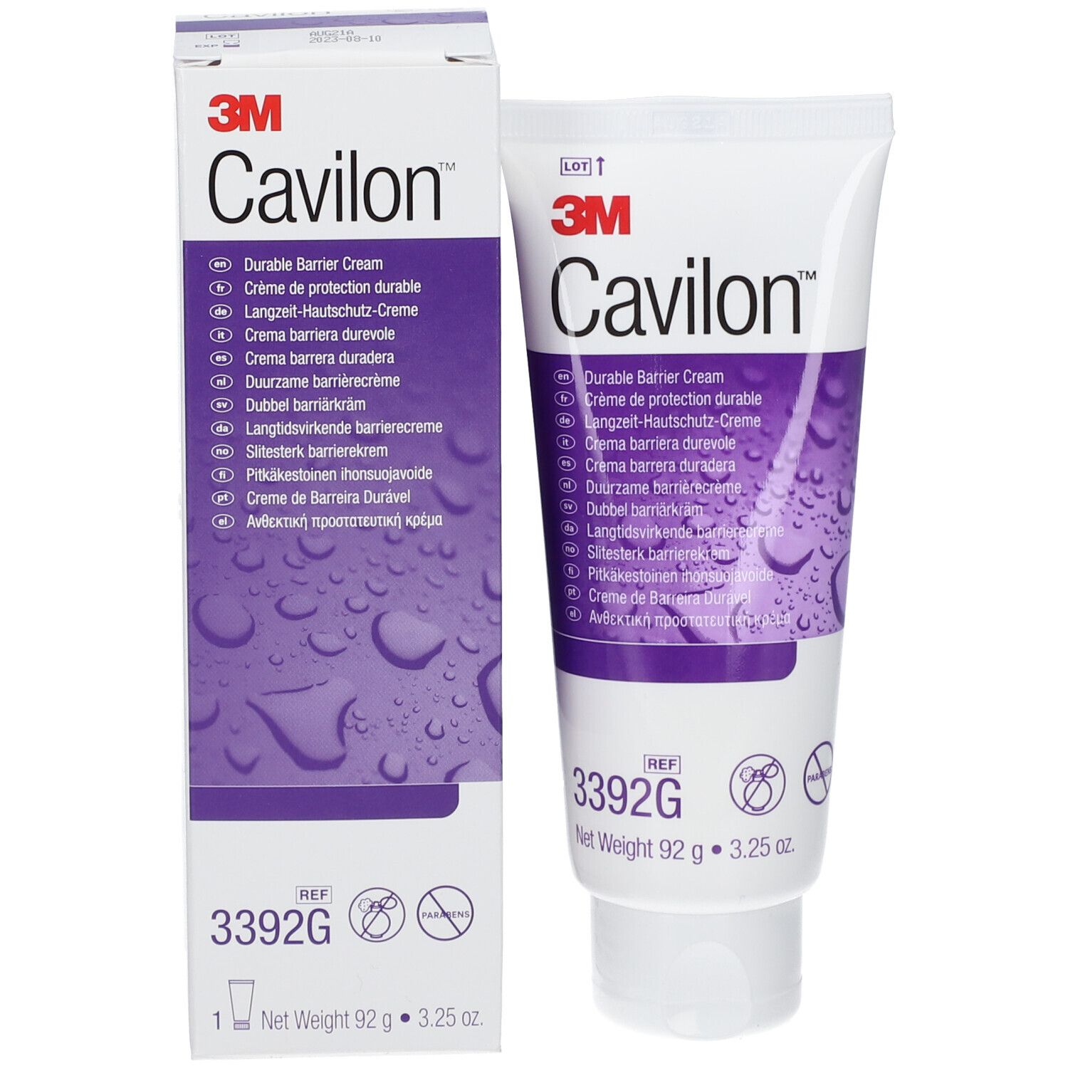 Tube et boîte de Cavilon Crème Barrière. Logo 3M. Nom du produit et libellés multilingues. Réf. 3392G.