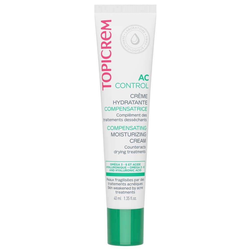 Tube blanc avec bouchon vert. Logo TOPICREM. AC Control Crème Hydratante Compensatrice. 40 ml. Crème hydratante.