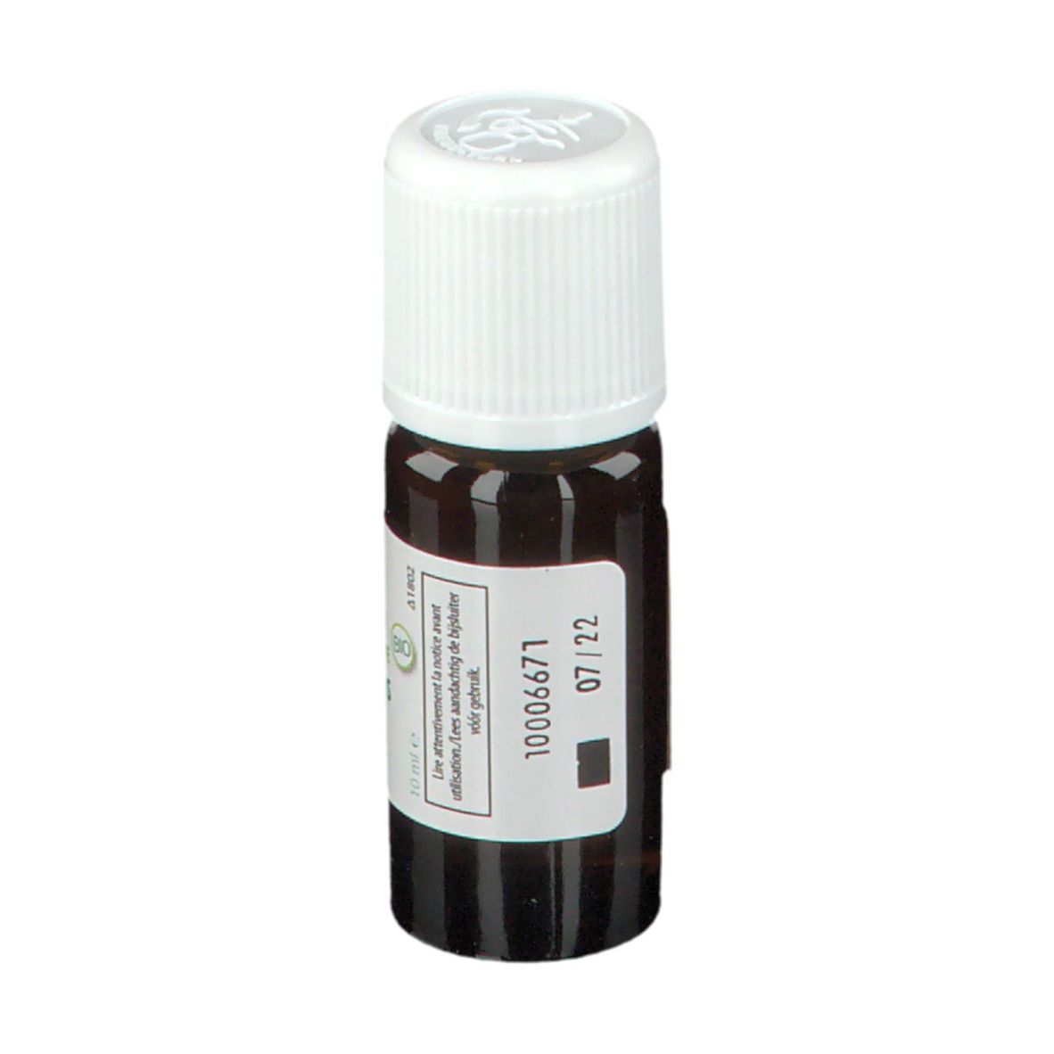 Flacon en verre brun avec bouchon blanc. Étiquette avec texte et label bio. Phytosun Arôms.