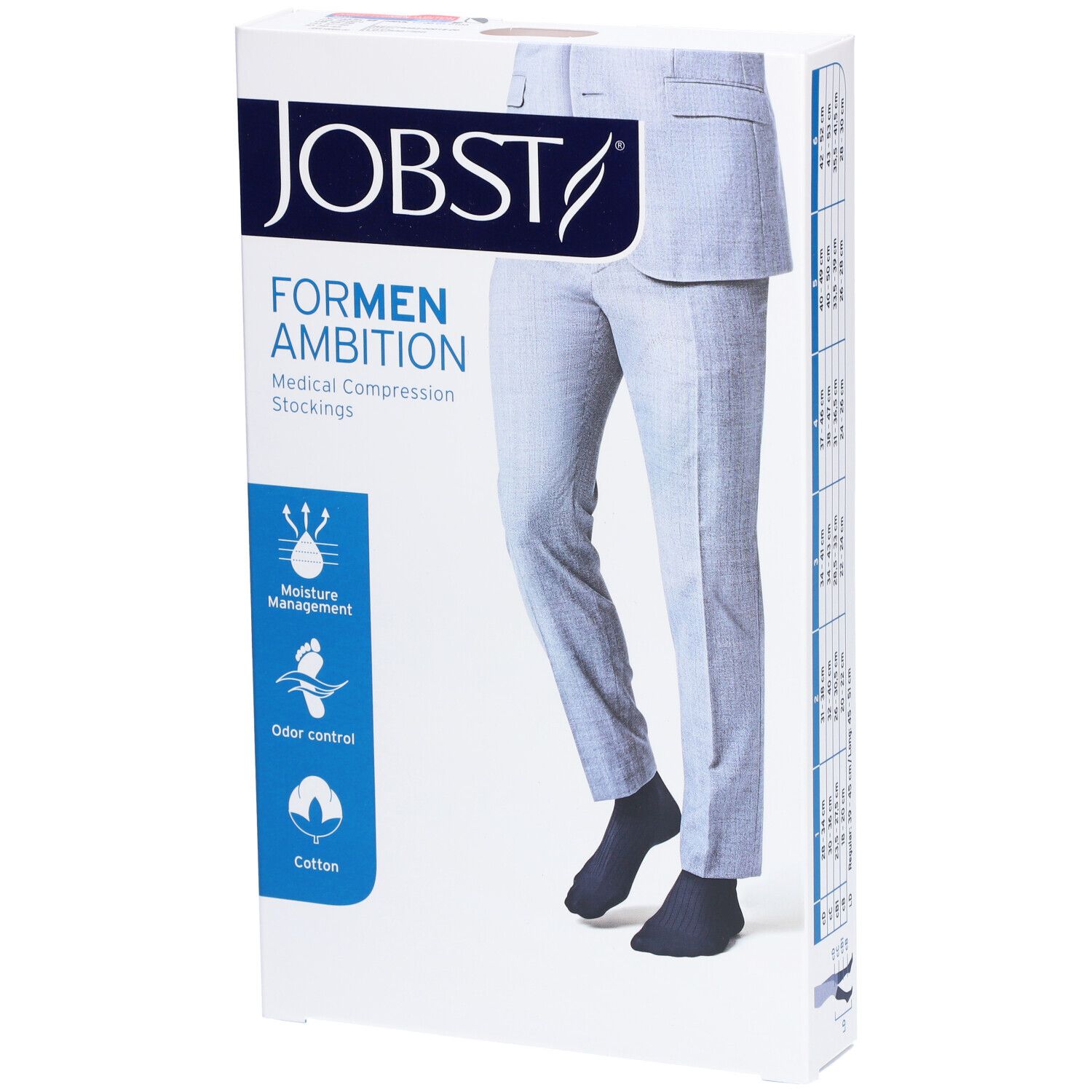 Emballage de JOBST ForMen Ambition. Homme en pantalon et bas. Texte: Moisture Management, Odor control, Cotton. Marque et texte en anglais.
