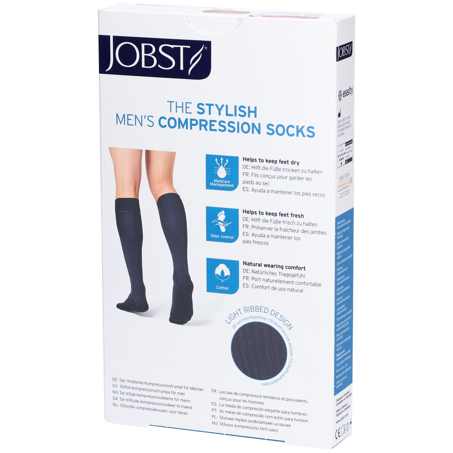 Dos de l'emballage des bas de compression JOBST. Jambes avec bas. Texte: Helps to keep feet dry/fresh, Natural wearing comfort.
