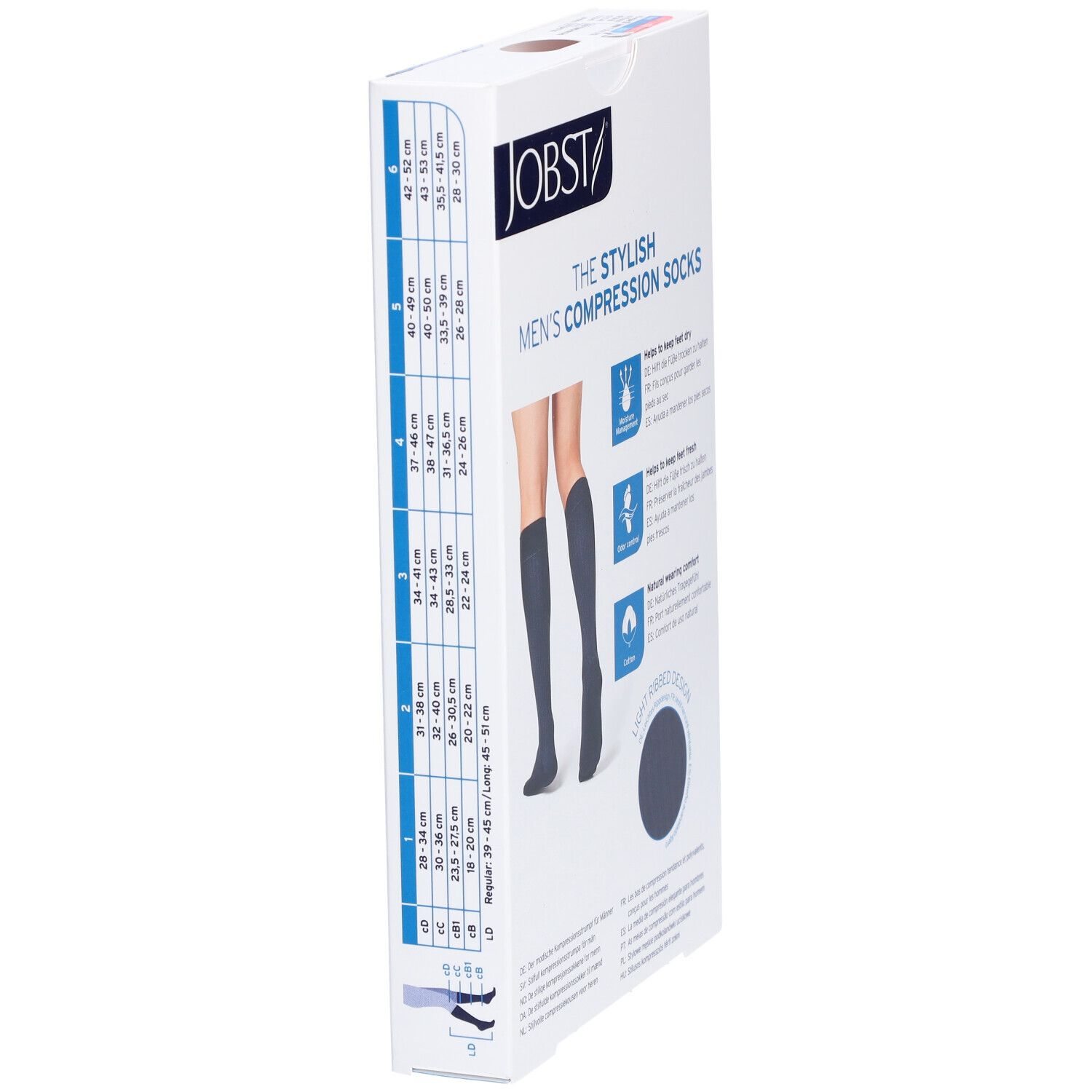 Dos de l'emballage des bas de compression JOBST. Tableau des tailles et jambes avec bas. Texte: The Stylish Men's Compression Socks.