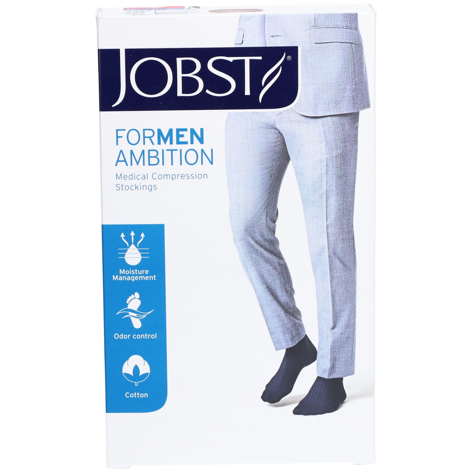 Emballage de JOBST ForMen Ambition. Homme en pantalon et bas. Texte: Moisture Management, Odor control, Cotton. Marque et texte en anglais.