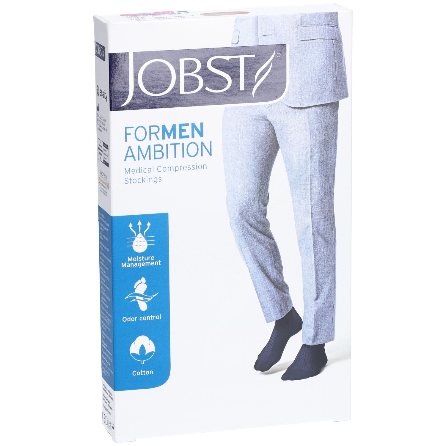 Emballage de JOBST ForMen Ambition. Homme en pantalon et bas. Texte: Moisture Management, Odor control, Cotton. Marque et texte en anglais.