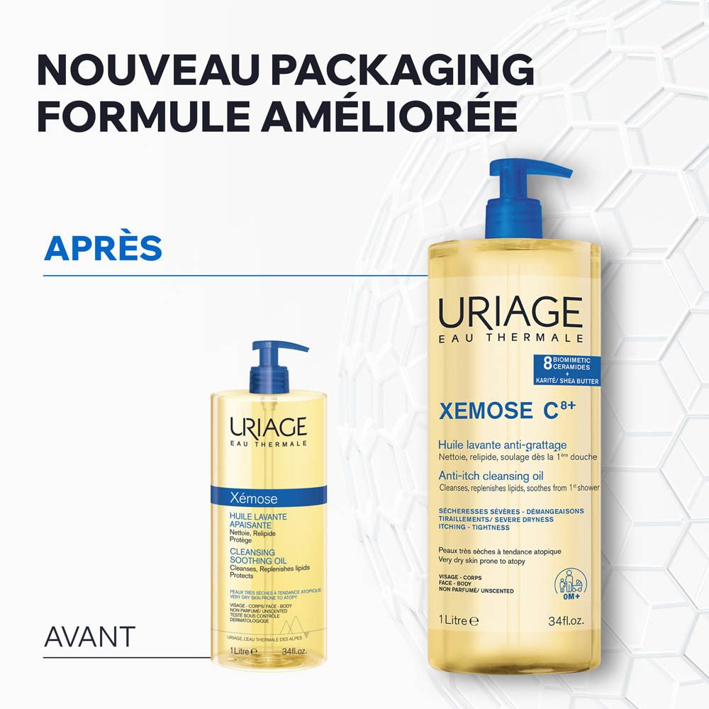 Uriage Xémose C+ huile lavante anti-grattage. Comparaison avant-après. 1 litre.
