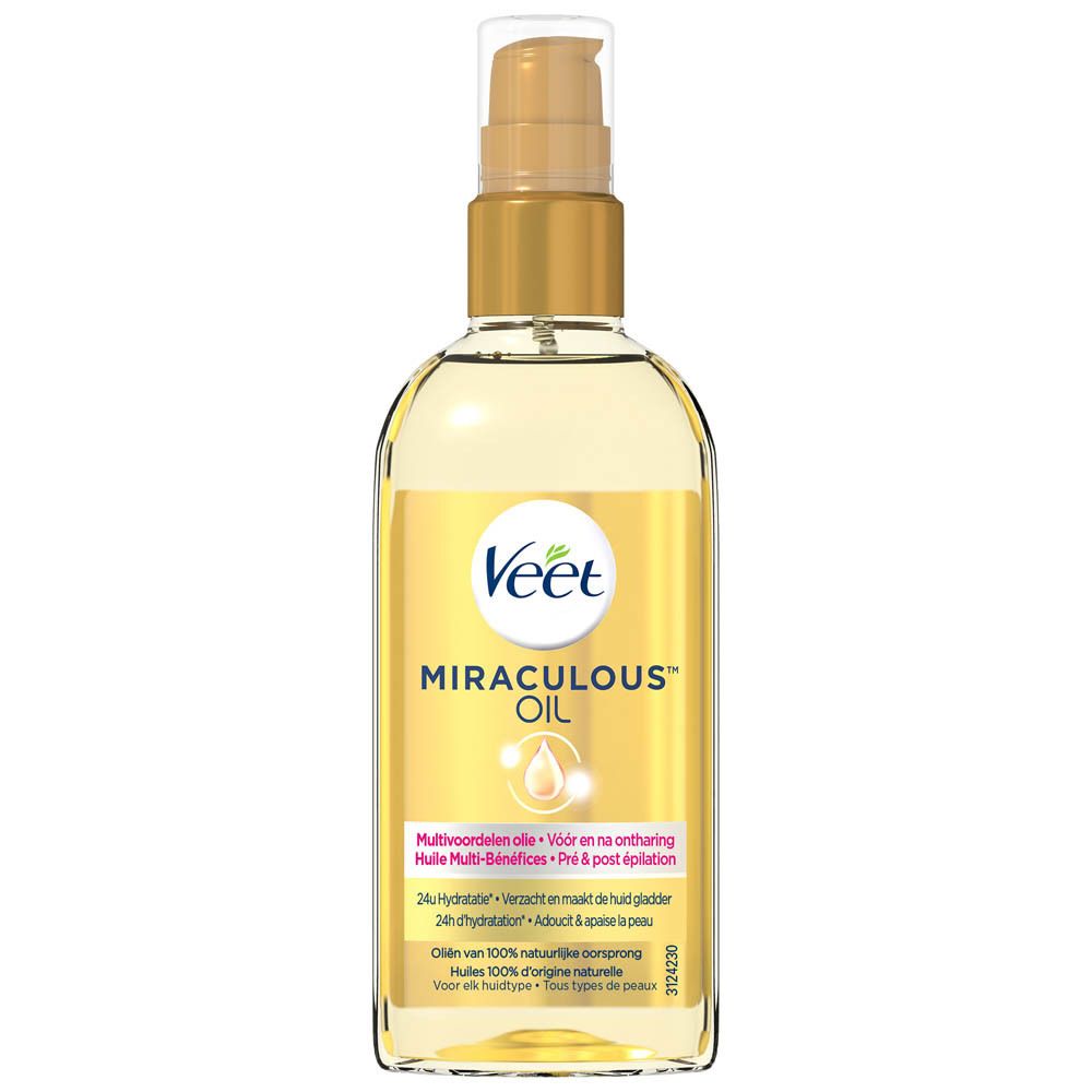Flacon d'huile Veet Miraculous™ avec pompe dorée. Inscription : Miraculous Oil, huile avant et après l'épilation.