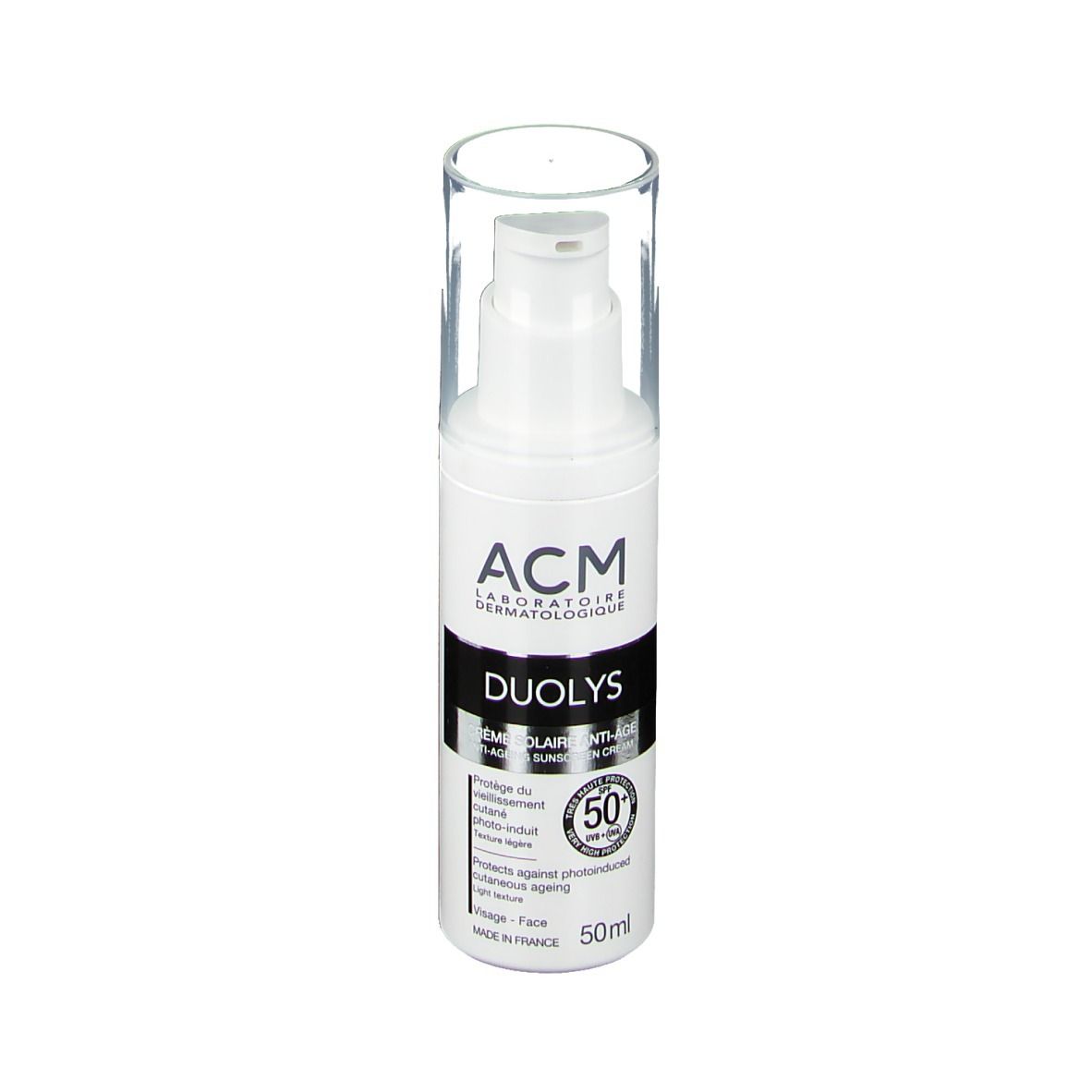 Flacon blanc avec pompe doseuse et bouchon transparent. Inscription: ACM, Duolys, SPF 50+. 50ml.