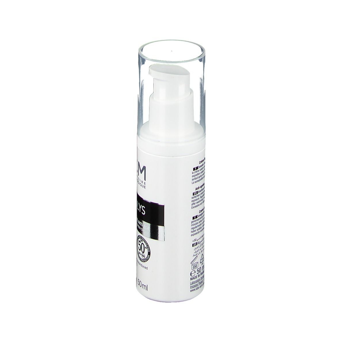 Flacon blanc avec pompe doseuse et bouchon transparent. Inscription: ACM, Duolys, SPF 50+. 50ml.