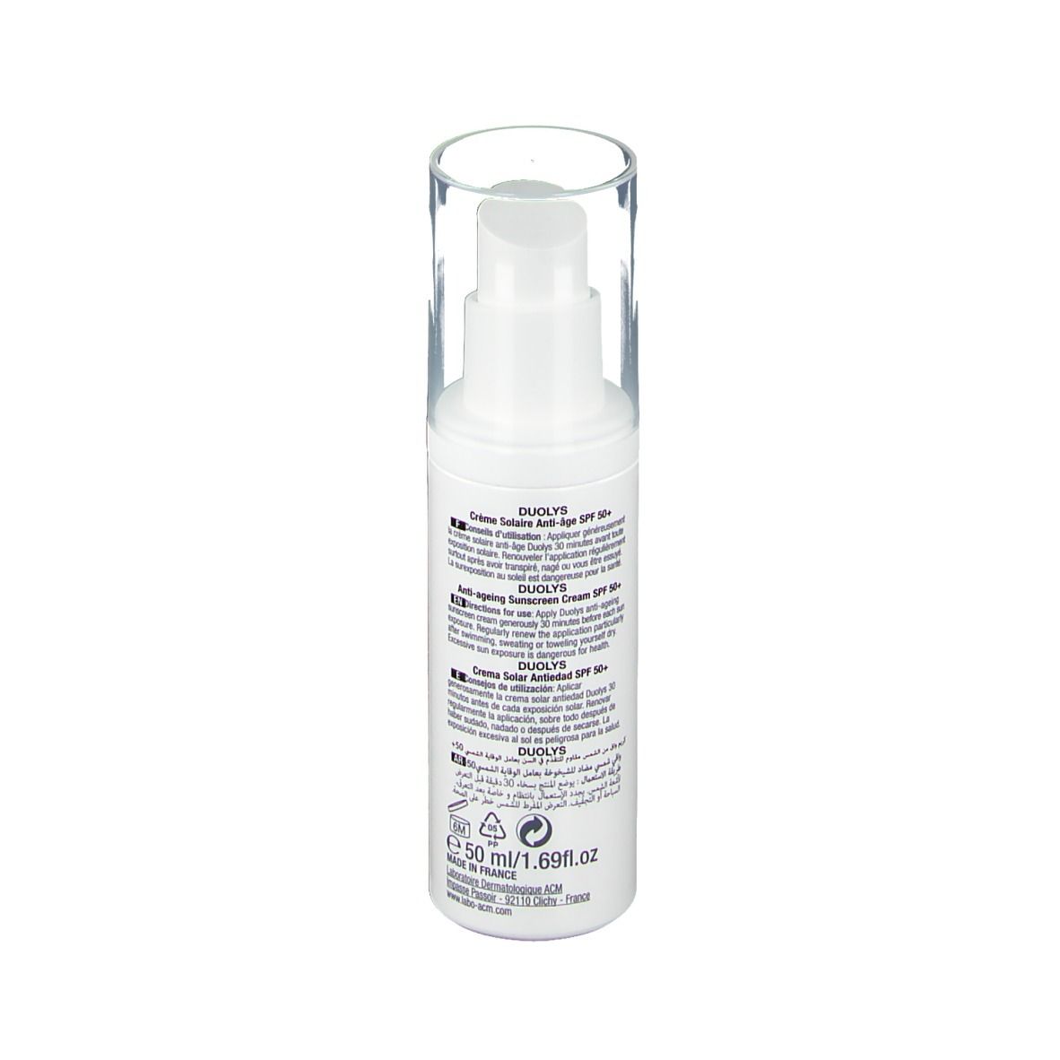 Flacon blanc avec pompe doseuse et bouchon transparent. Inscription: ACM, Duolys, SPF 50+. 50ml.