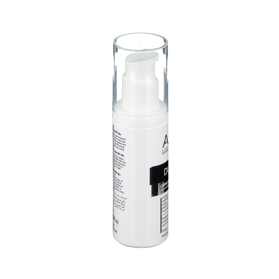 Flacon blanc avec pompe doseuse et bouchon transparent. Inscription: ACM, Duolys, SPF 50+. 50ml.