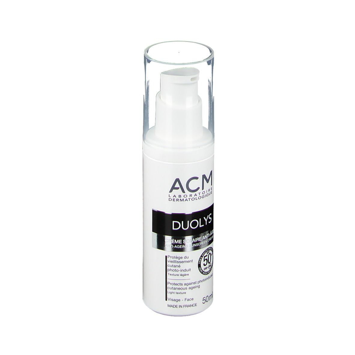 Flacon blanc avec pompe doseuse et bouchon transparent. Inscription: ACM, Duolys, SPF 50+. 50ml.