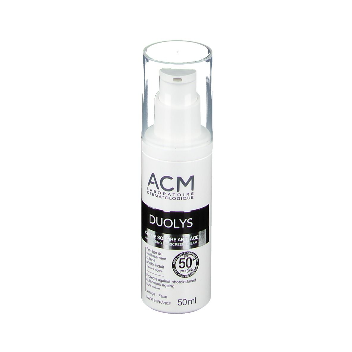 Flacon blanc avec pompe doseuse et bouchon transparent. Inscription: ACM, Duolys, SPF 50+. 50ml.
