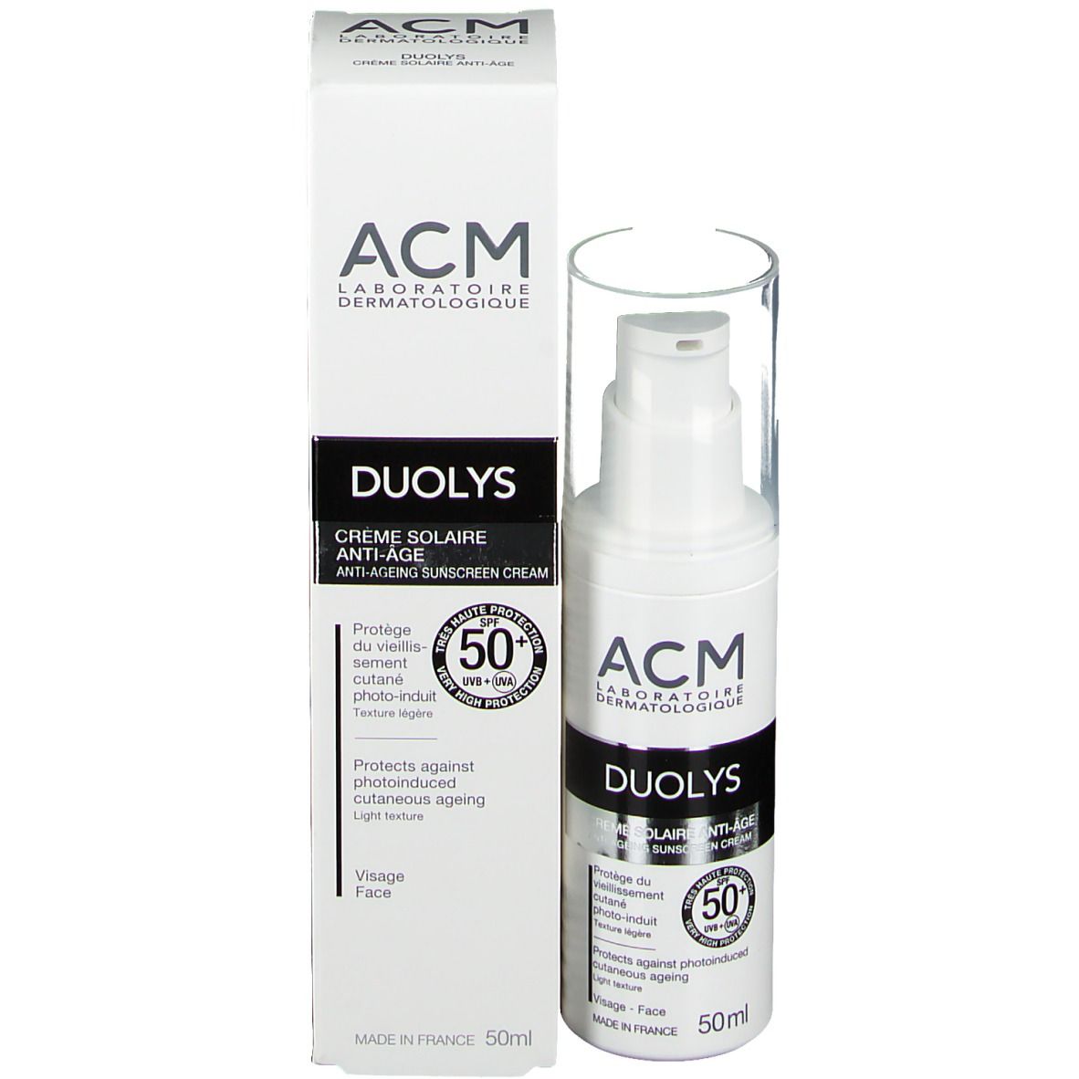 Emballage et flacon. Inscription: ACM, Duolys, SPF 50+. 50ml. Avec emballage.