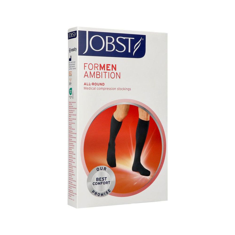 Emballage JOBST ForMen Ambition Chaussettes de compression tout usage avec sceau 'Best Comfort'.