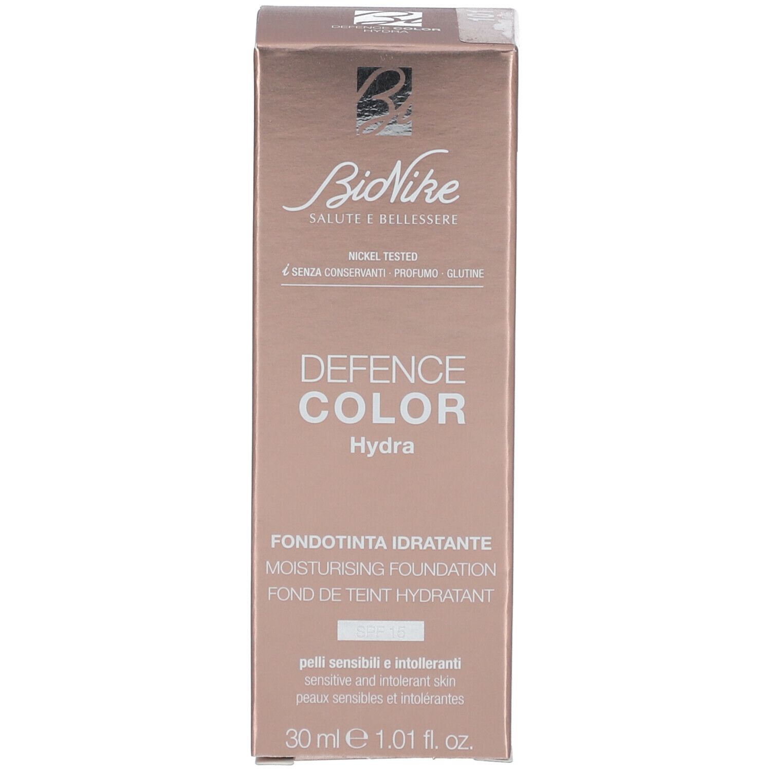 Emballage du fond de teint BioNike DEFENCE COLOR Hydra. Boîte beige avec logo et nom du produit.