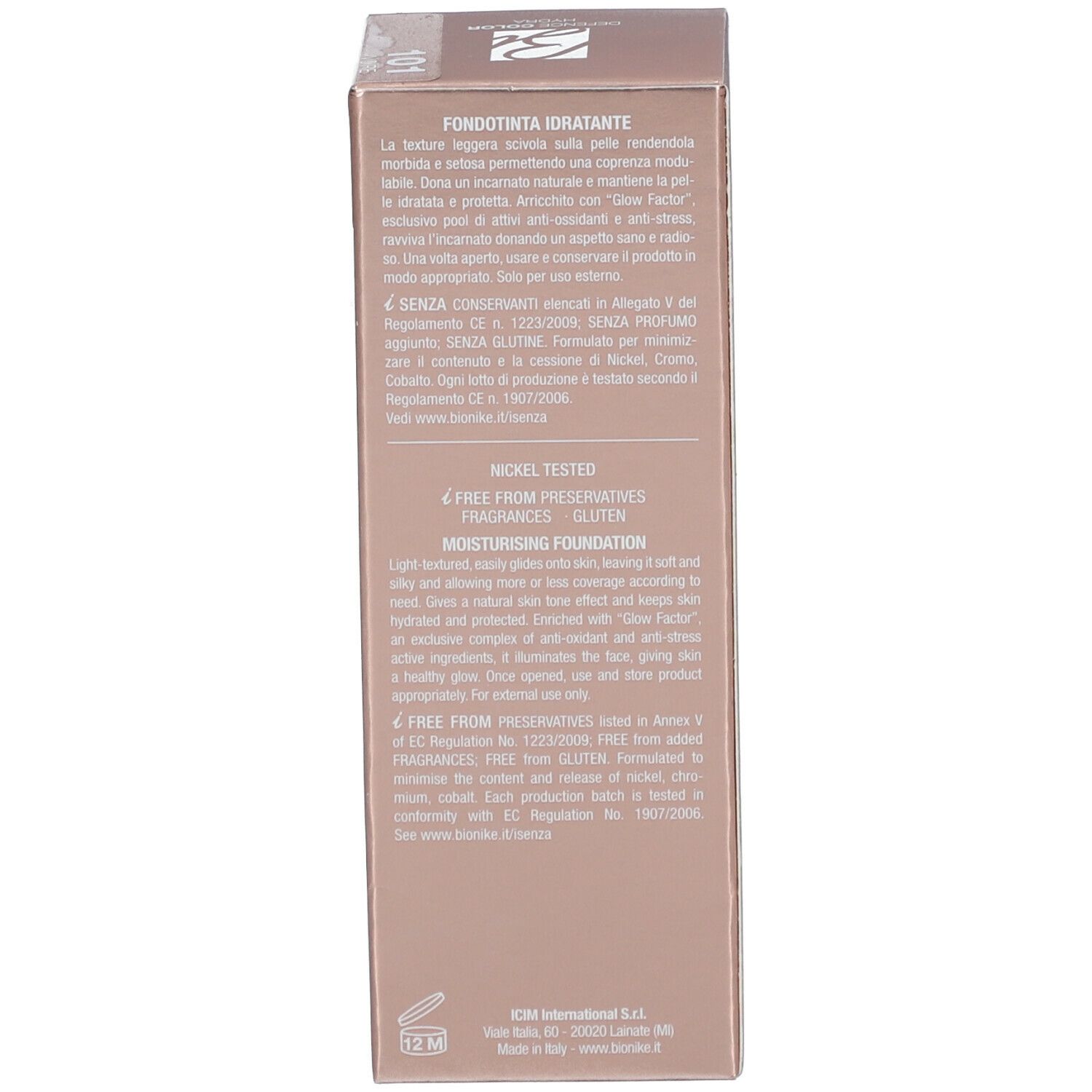 Côté de l'emballage du fond de teint BioNike DEFENCE COLOR Hydra. Texte multilingue, ingrédients.