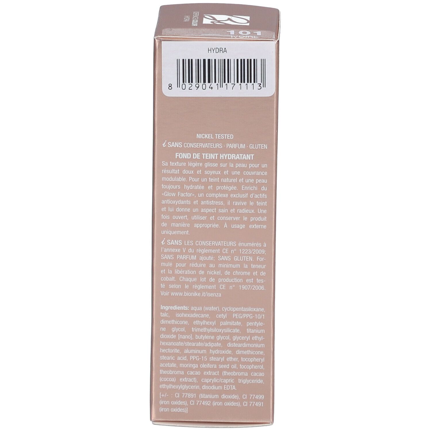 Côté de l'emballage du fond de teint BioNike DEFENCE COLOR Hydra. Texte multilingue, ingrédients.