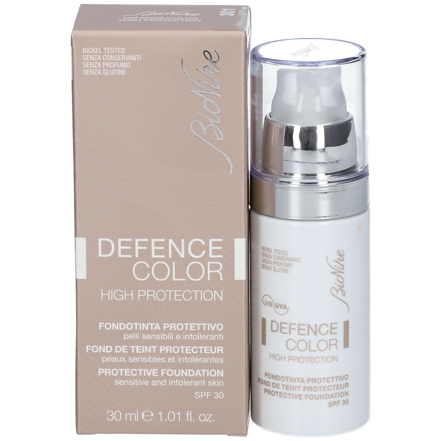 Emballage et flacon. Inscription : Defence Color High Protection, Protective Foundation SPF30. Marque : BioNike.