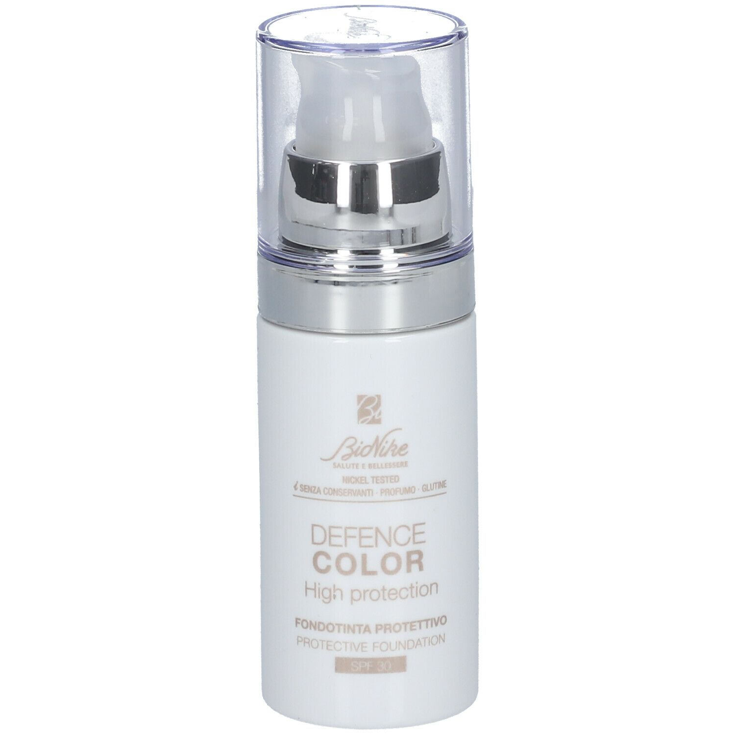 Flacon blanc avec pompe. Inscription: DEFENCE COLOR High protection. SPF 30. Marque: BioNike.