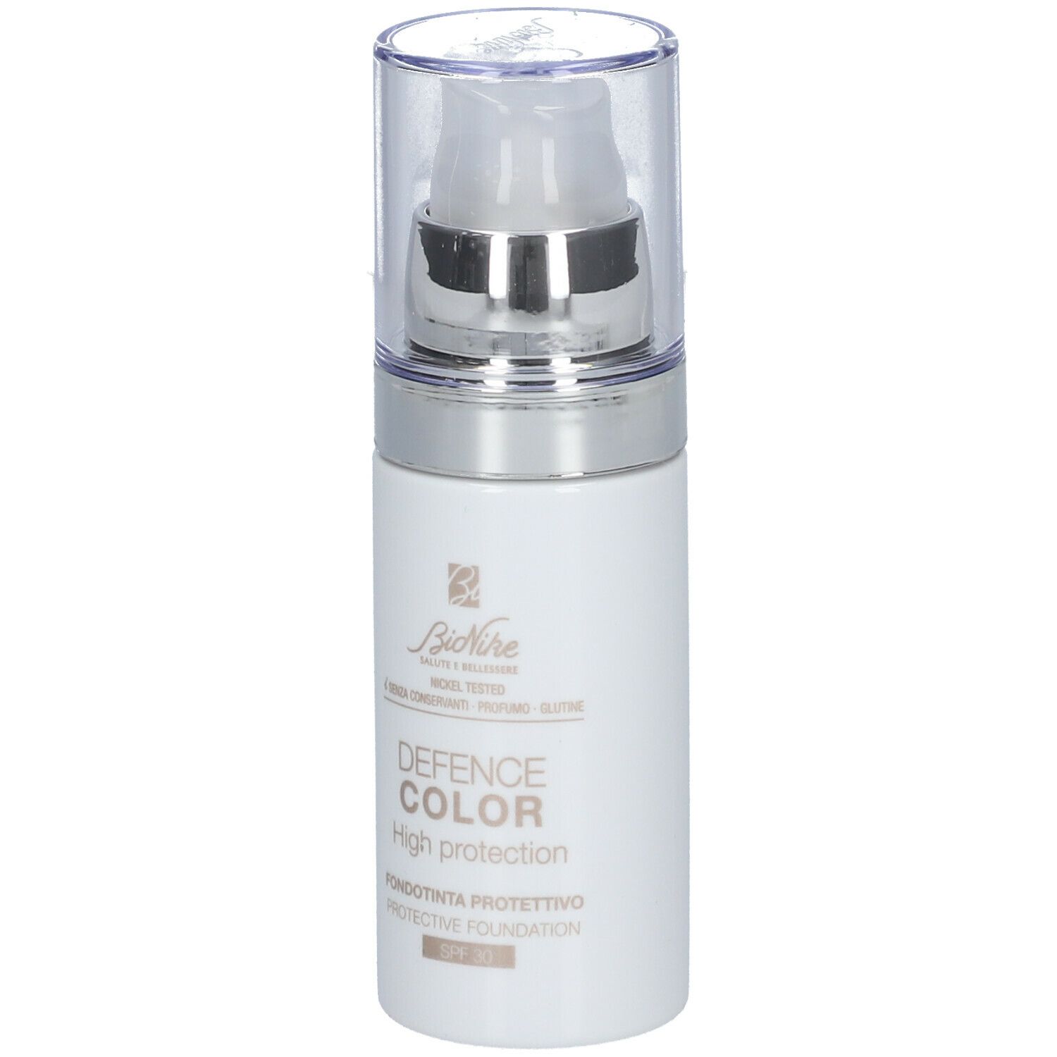 Flacon blanc avec pompe. Inscription: DEFENCE COLOR High protection. SPF 30. Marque: BioNike.