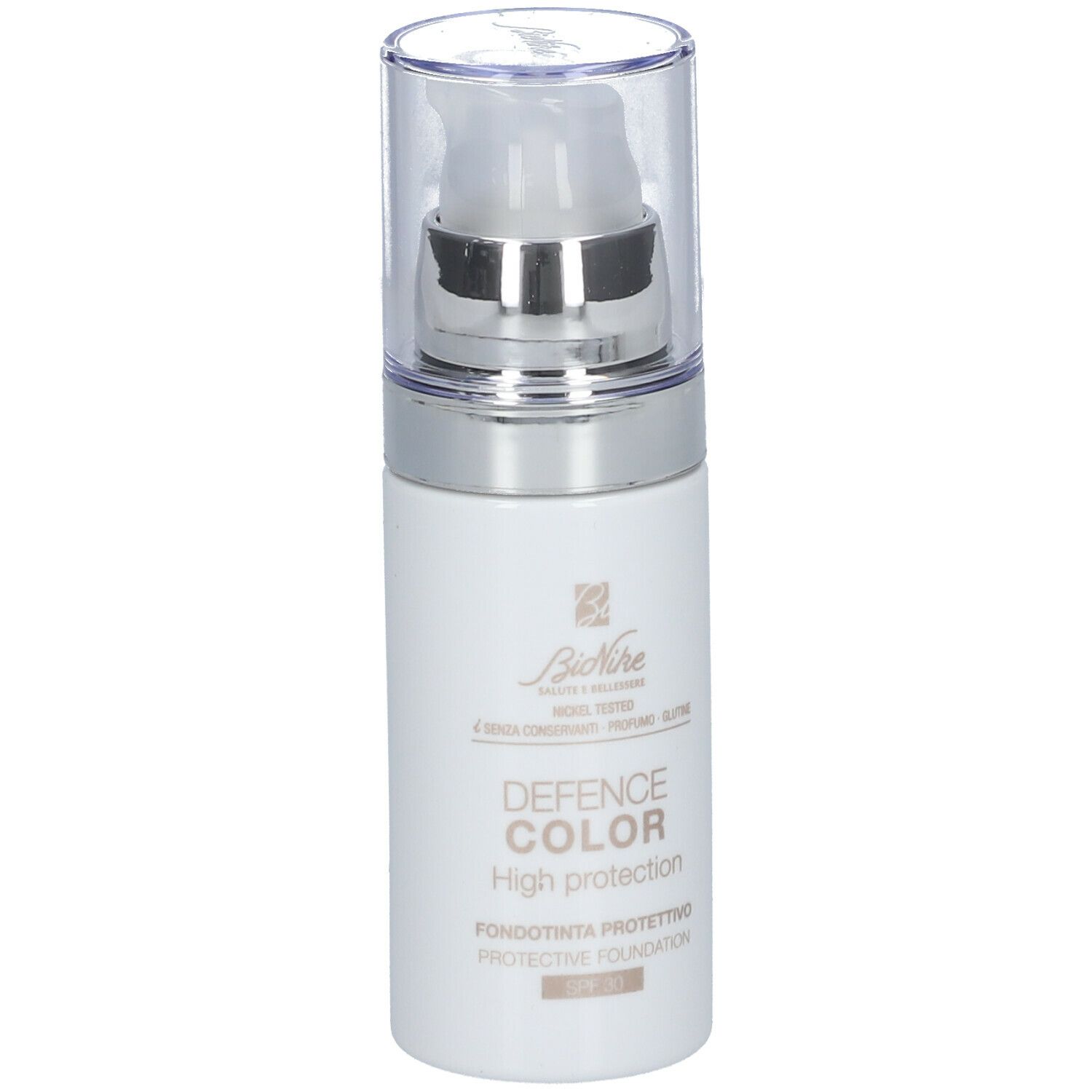 Flacon blanc avec pompe. Inscription: DEFENCE COLOR High protection. SPF 30. Marque: BioNike.
