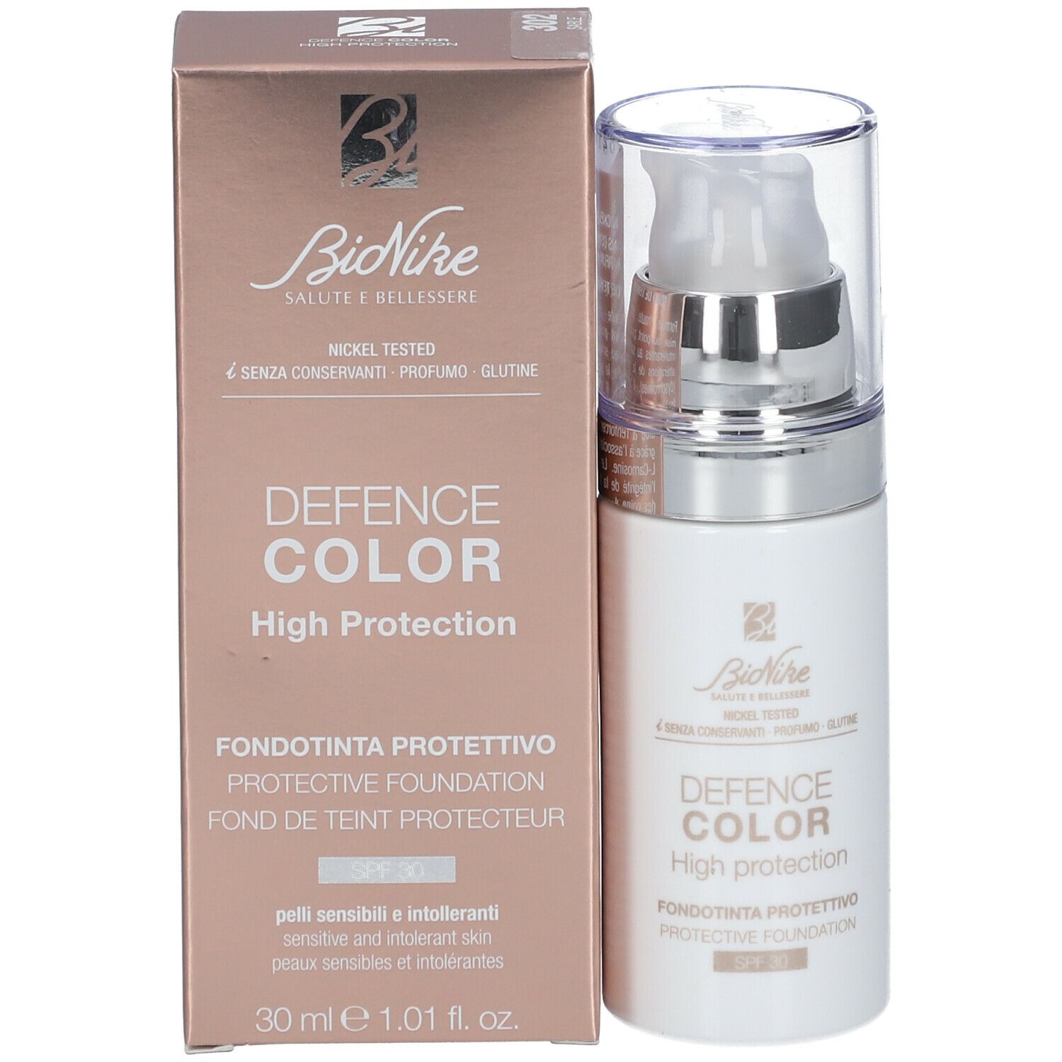 Emballage du produit avec flacon et pompe. Inscription: DEFENCE COLOR High protection. SPF 30. Marque: BioNike.