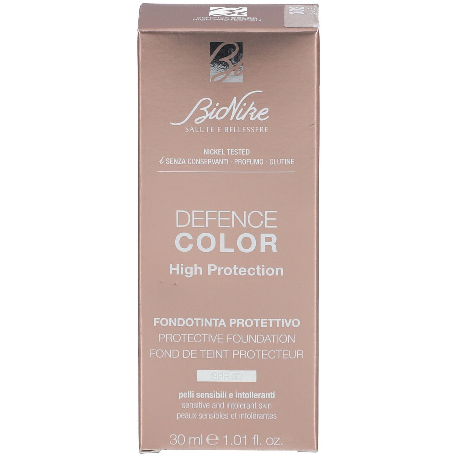 Emballage du produit. Inscription: DEFENCE COLOR High protection. SPF 30. Marque: BioNike. 30 ml.