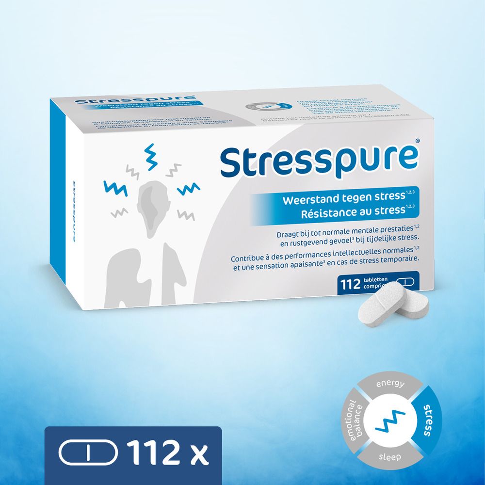 Boîte Stresspure ®. Texte: Résistance au stress. 112 comprimés. Deux comprimés à côté.