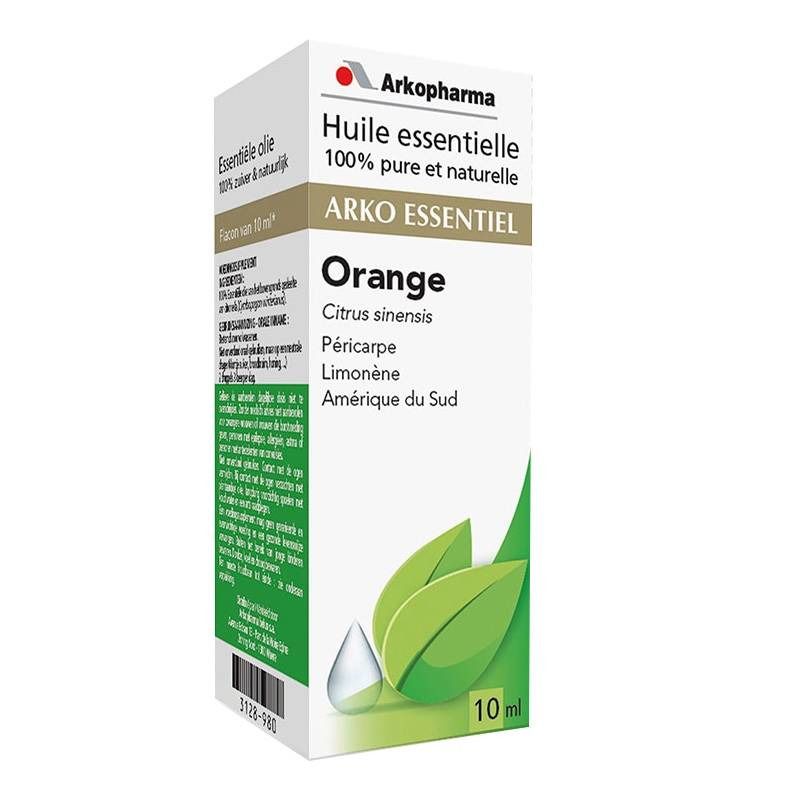 Boîte en carton avec nom et logo du produit. Contient de l'huile essentielle. Inscription : Orange, 100% pure et naturelle.