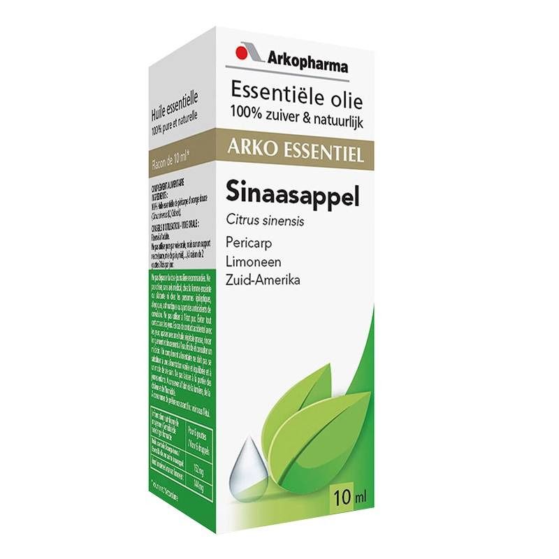 Boîte en carton avec nom et logo du produit. Contient de l'huile essentielle. Inscription : Sinaasappel, 100% pur et naturel.
