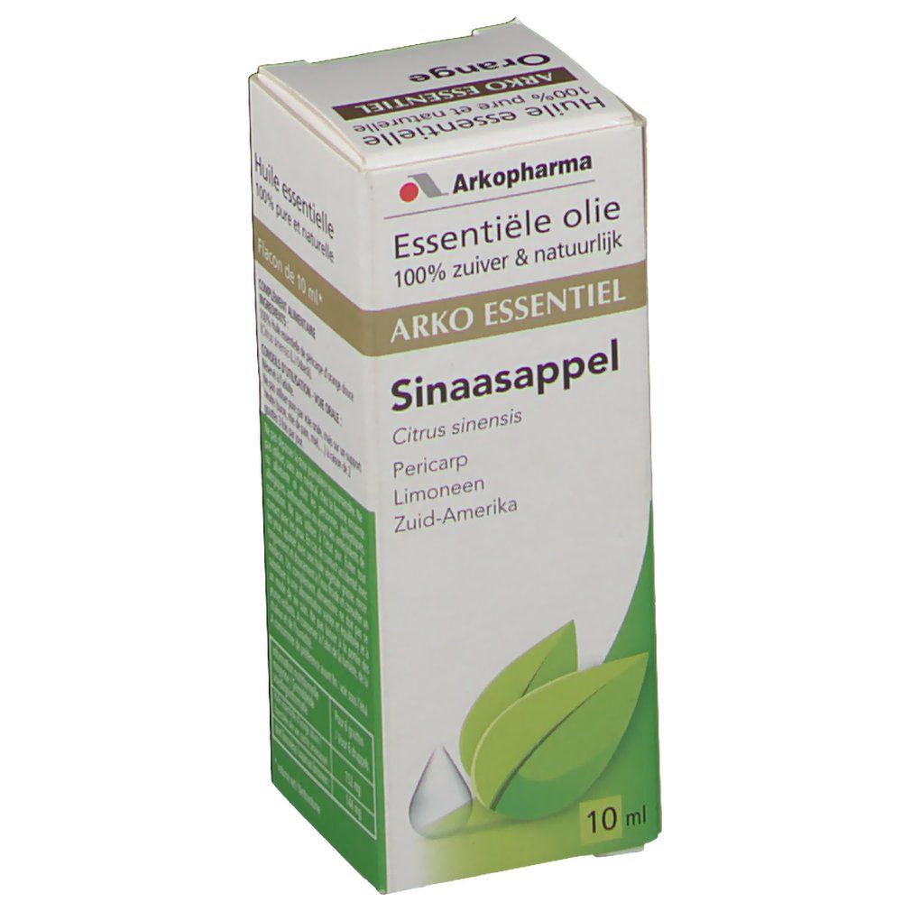 Boîte en carton avec nom et logo du produit. Contient de l'huile essentielle. Inscription : Sinaasappel, 100% pur et naturel.