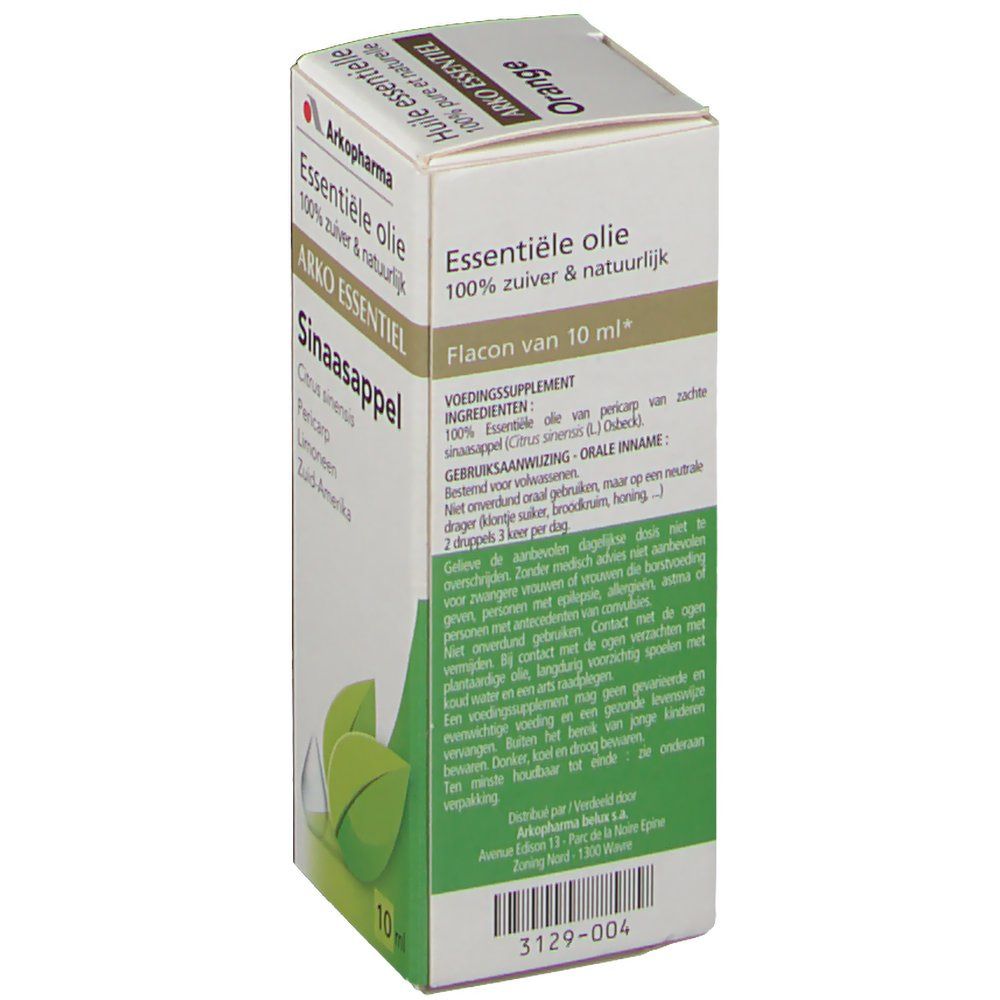 Boîte en carton avec nom et logo du produit. Contient de l'huile essentielle. Inscription : Sinaasappel, 100% pur et naturel.