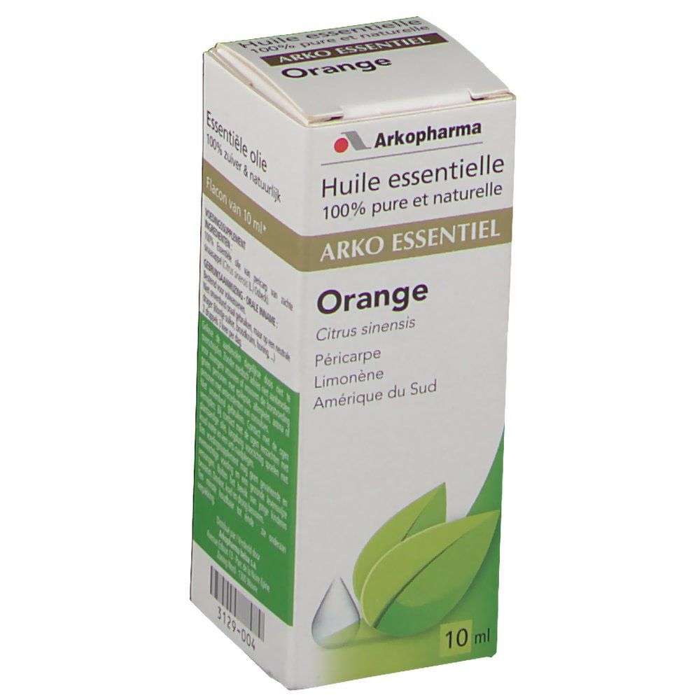 Boîte en carton avec nom et logo du produit. Contient de l'huile essentielle. Inscription : Orange, 100% pur et naturel.
