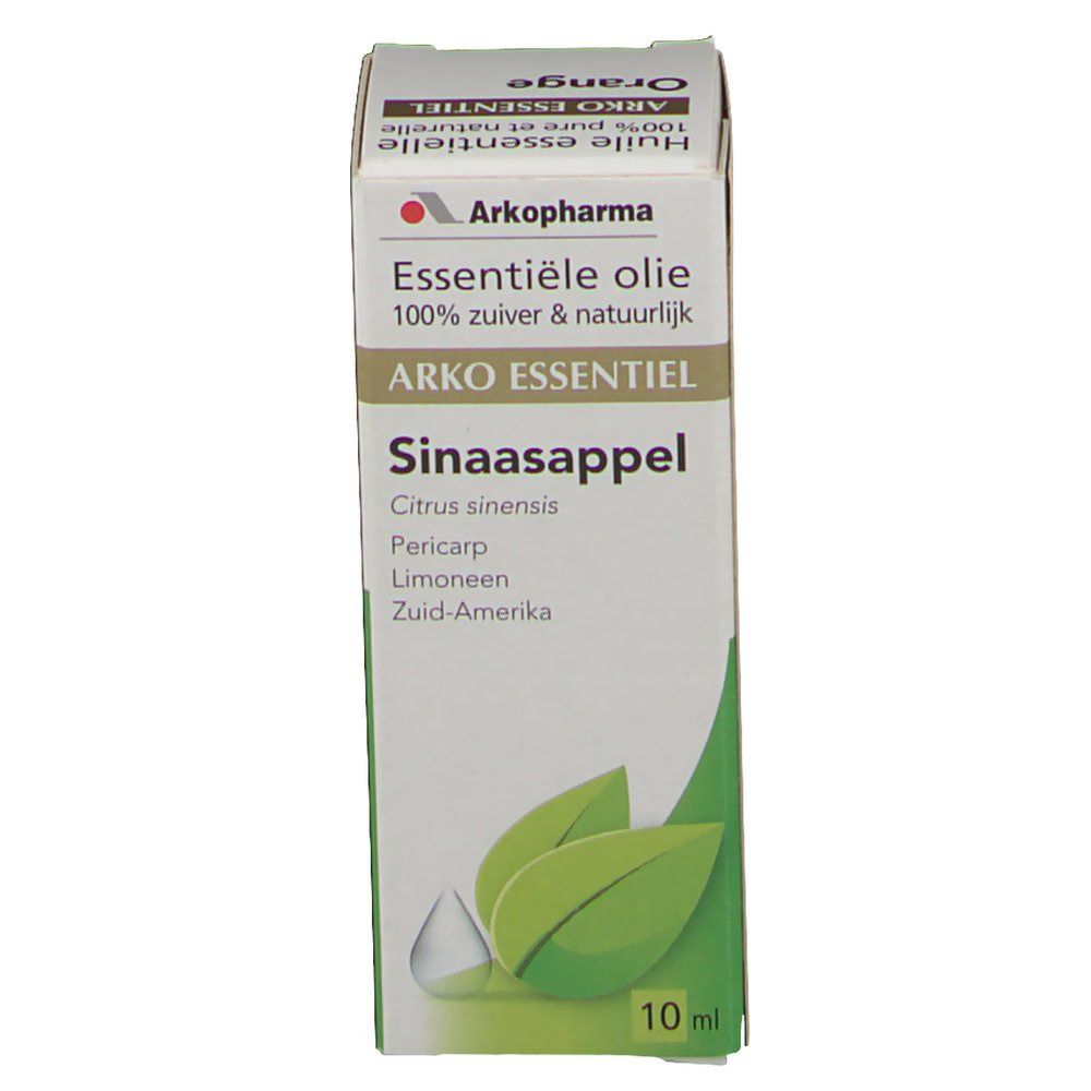 Boîte en carton avec nom et logo du produit. Contient de l'huile essentielle. Inscription : Sinaasappel, 100% pur et naturel.